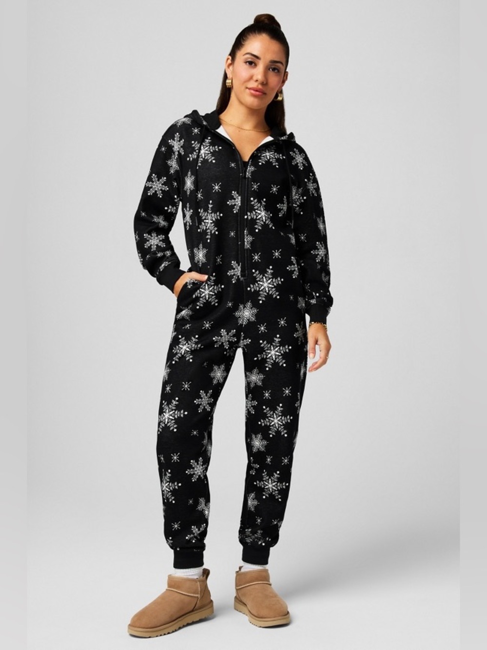 FABLETICS Cozy Fleece Hooded Full Zip Jumpsuit Sz XL Snowflakes Black/White